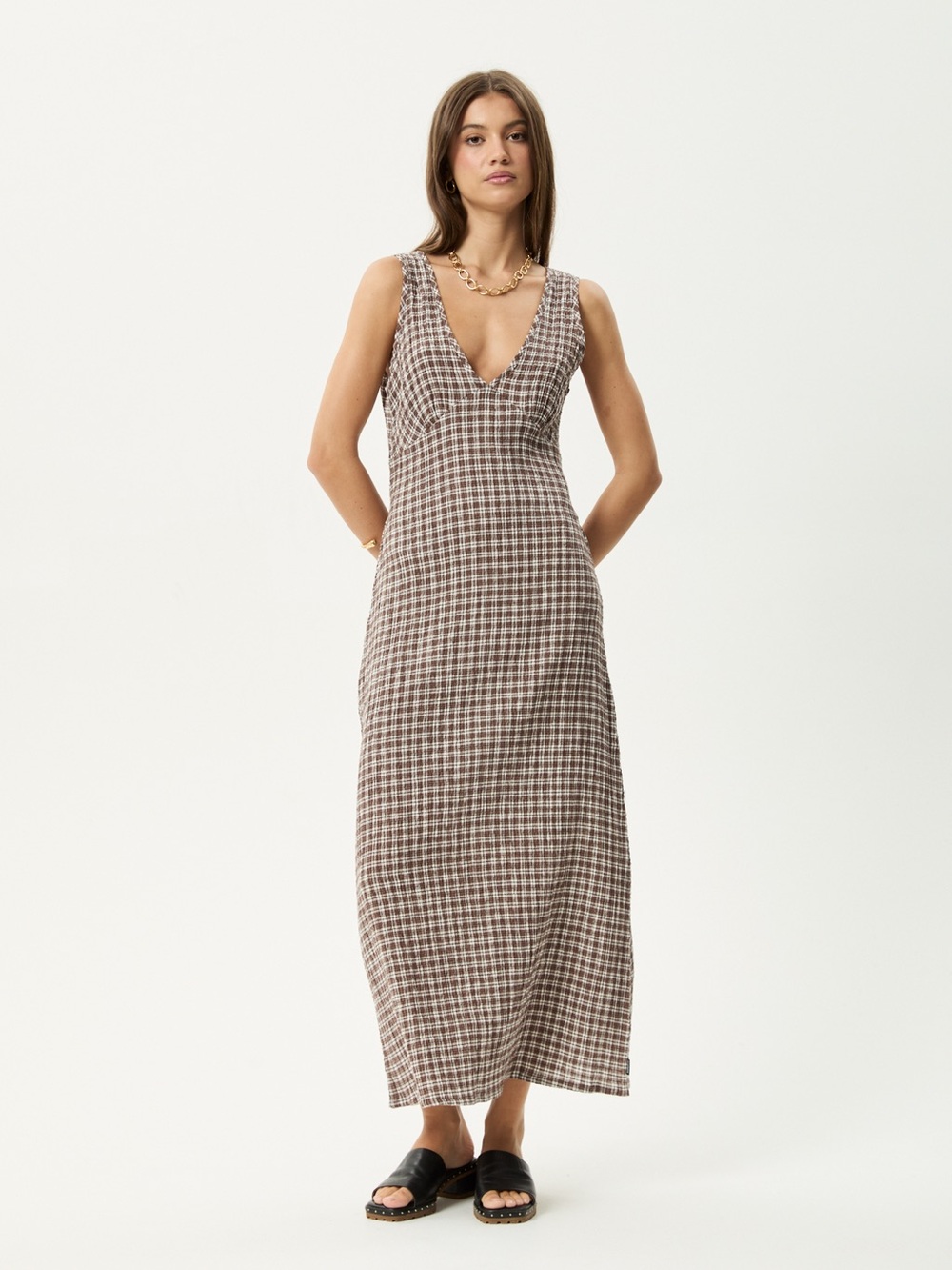 Afends Brown Plaid V‑Neck Maxi Dress